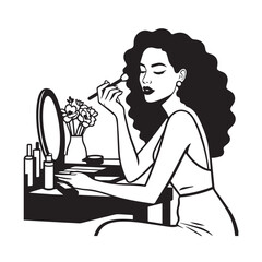 Black and white line art of a beautiful woman doing makeup at dressing table with mirror illustration
