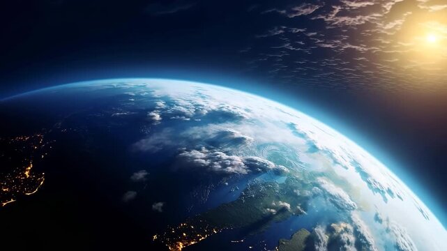 Zoom out satellite video of our beautiful planet earth with sunrise and all continents and oceans.Slow motion.AI Generative