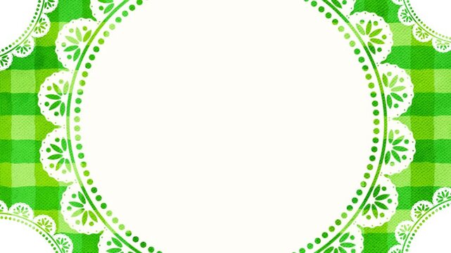 レトロな白いレースとグリーンカラーのチェック柄のテーブルクロスのおしゃれ背景：みどり・黄緑のランチョンマット