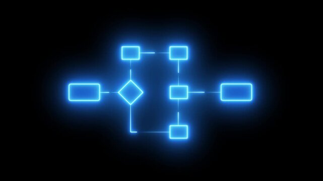 Glowing neon Simple modern template for process flow diagram. Flat infographic design for website or data presentation. Business process flowchart, implement and improve on virtual screen. process 