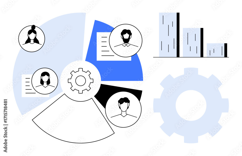 Poster pie chart with team member avatars, gear icons for process management, bar graph showing performance