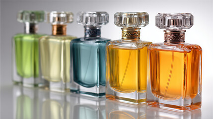 高級感あふれる美しい香水瓶のボトルが並ぶ、シンプルで洗練されたイメージ