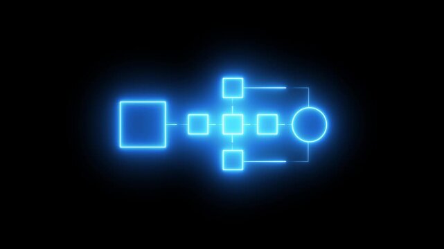 Glowing neon Simple modern template for process flow diagram. Flat infographic design for website or data presentation. Business process flowchart, implement and improve on virtual screen. process 
