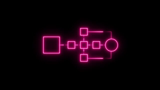 Glowing neon Simple modern template for process flow diagram. Flat infographic design for website or data presentation. Business process flowchart, implement and improve on virtual screen. process 