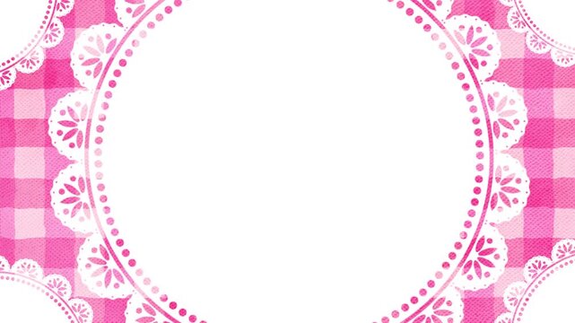 レトロな白いレースとピンク色のチェック柄のテーブルクロスのおしゃれ背景