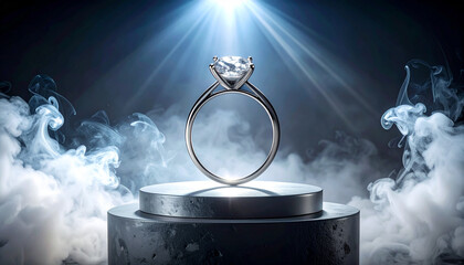 Brilliant diamond engagement ring shining in a spotlight, set against a mysterious smoky background, symbolizing eternal love and commitment