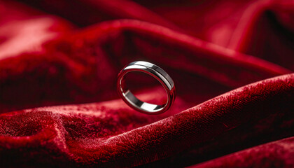 Elegant Silver Ring on Luxurious Red Velvet, Symbolizing Love and Commitment
