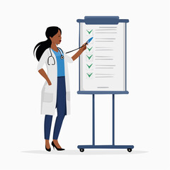 Confident Female Doctor Reviewing Checklist on Flip Chart