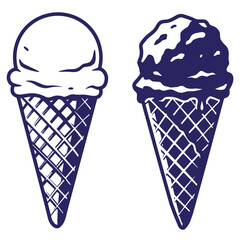 Two simple hand drawn ice cream cones in a navy blue and white vector illustration