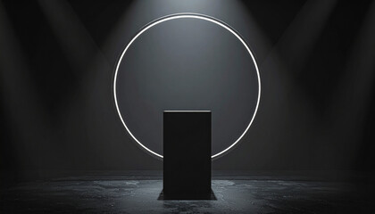 Modern minimalist black podium highlighted by a radiant white neon circle and focused spotlights, set against a dark, dramatic showroom backdrop