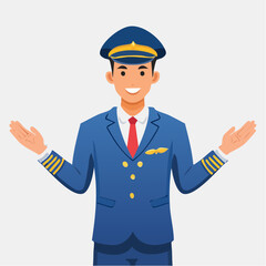 Friendly pilot in uniform with open arms, ready to welcome passengers aboard an aircraft for a safe and enjoyable flight experience