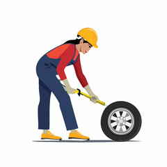 A woman in work overalls and a hard hat is shown changing a car tire. This vector illustration represents female empowerment in manual labor, DIY car maintenance, and professional automotive service