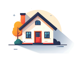 Cartoon home illustration with a tree and simple landscaping