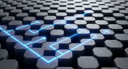 Fototapeta premium Dynamic blue arrow path guides through abstract hexagonal grid