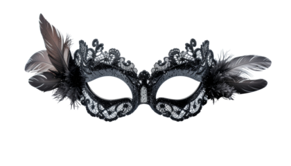 Elegant Halloween masquerade mask with glitter, feathers, and dark lace details, isolated on transparent background, sharp studio shot