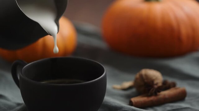 Slow motion making spiced pumpkin latte in black cup, pour steamed milk