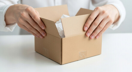 Hands Opening Cardboard Box for Shipping and Delivery