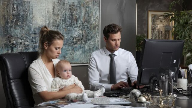 Business professionals balancing work and family while caring for a baby in a modern office environment during a typical workday