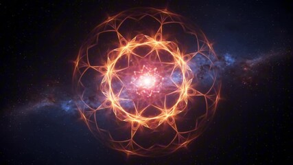 Luminous orange orb w geometric pattern amidst a starry nebula backdrop Central burst of light - Powered by Adobe