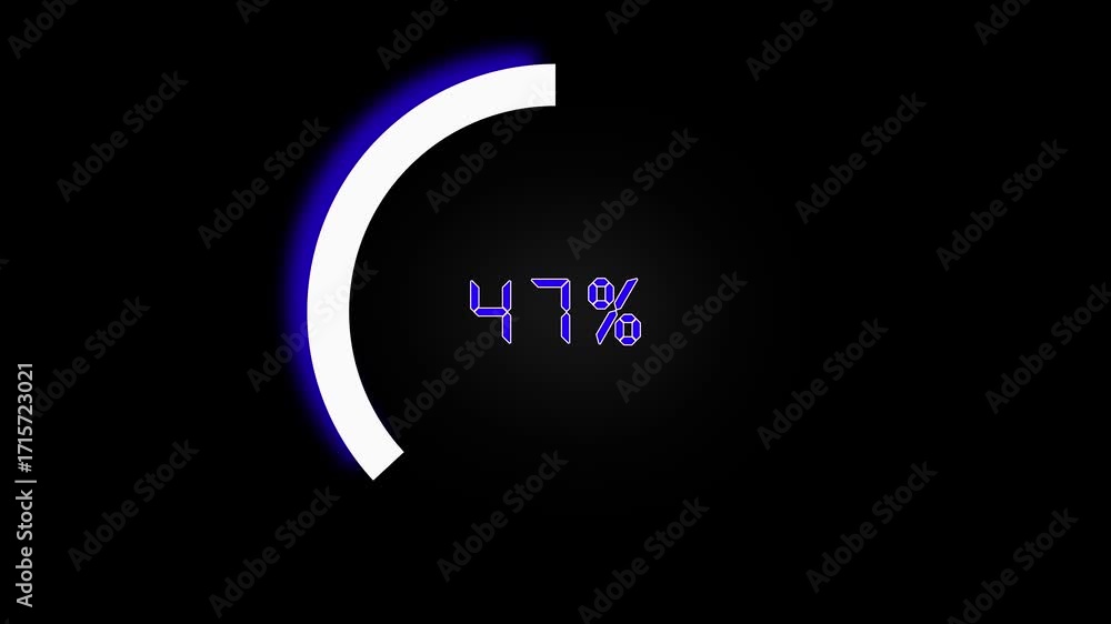 Poster animated digital progress bar loading screen. 28 percent complete blue neon glow white arc circle da