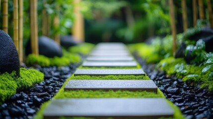 A Zen garden pathway lined with bamboo and soft moss on blurred background
