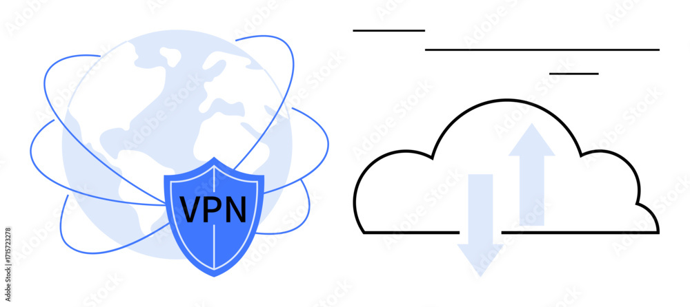 Poster vpn shield overlaying a globe with orbit lines beside cloud graphic featuring data up and download a
