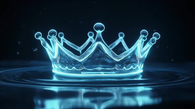 Slow motion water splash forming glowing crown shape in dark background. Cinematic seamless loop animation.