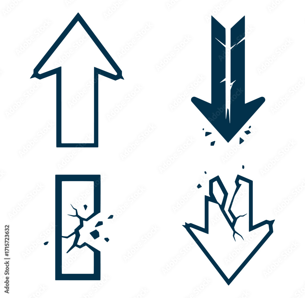 Poster abstract vector illustration of cracked arrows pointing up and down in different styles