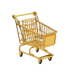 Shiny golden miniature shopping cart isolated on transparent background