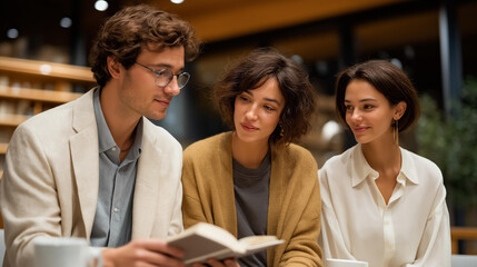 Fototapeta premium Disagreement at Book Club: Members debating a book’s meaning with a novel a coffee cup and a cozy library with bookshelves. three quarter wide angle cinematic color correction