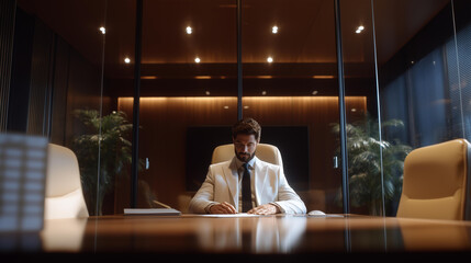 Denial of Missed Meeting: A professional denying missing a meeting with a calendar a phone and a modern office with a glass conference room. three quarter wide angle cinematic