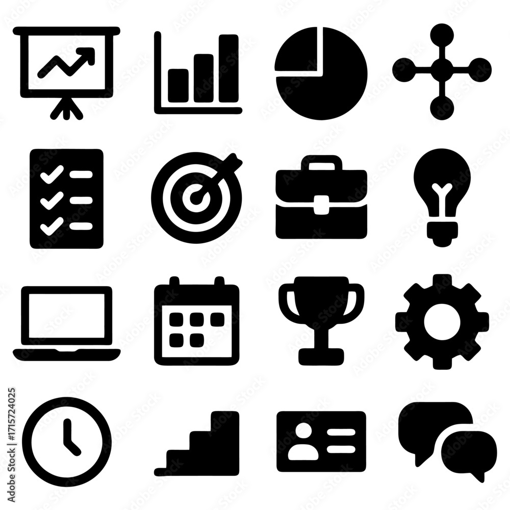 Poster essential business icons: a comprehensive set of concise black icons representing key business conce