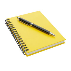 A black pen rests on a bright yellow spiral bound notebook isolated on transparent background