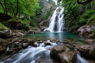 Fototapeta premium Waterfall cascading into turquoise pool in lush green forest