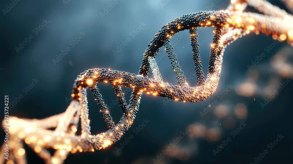 Poster digital representation of a dna double helix showcasing intricate details and glowing particles in a