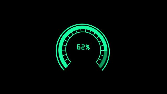 Green loading progress meter animated. Hud interface element 37 percent complete circular gauge digital technology sci fi futuristic loading bar seamless loop animation perfect for tech.