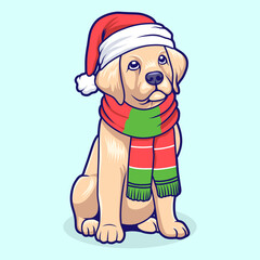 Vector Illustration Of A Cute Dog Wearing A Red Santa Hat And Christmas Scarf. Perfect For Holiday Greeting Cards, Winter Celebration, Festive Decoration, And Christmas-themed Designs