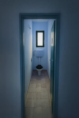 natural light coming through small window in a narrow bathroom with blue walls and old fashion toilet 