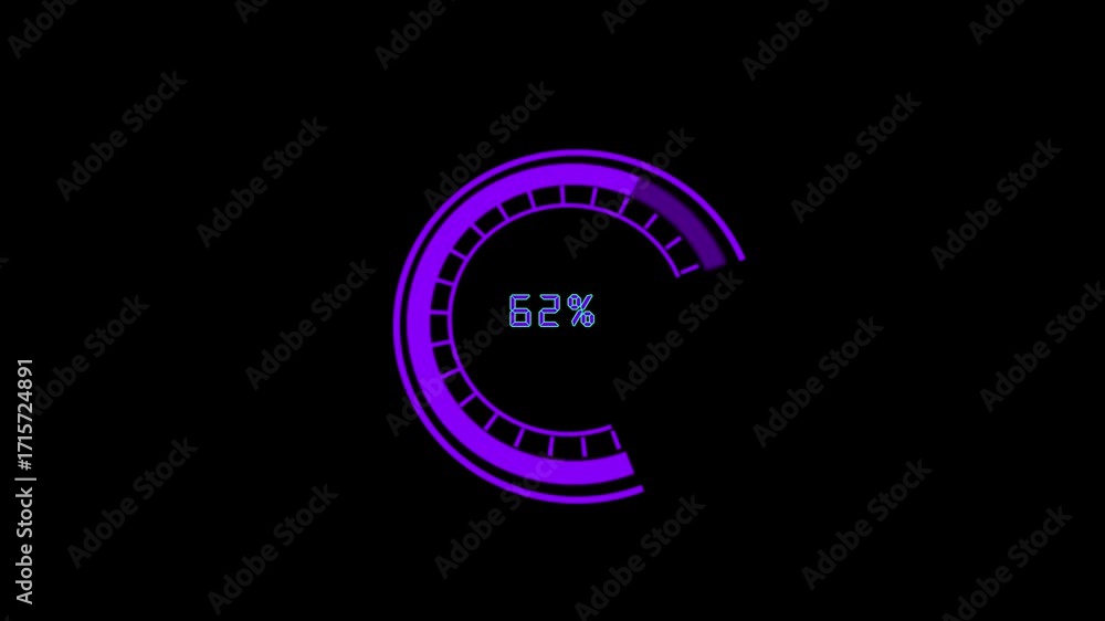 Poster Purple loading bar animation. 37 percent complete digital hud interface technology progress circle gauge sci fi futuristic loading screen element seamless loop animation.