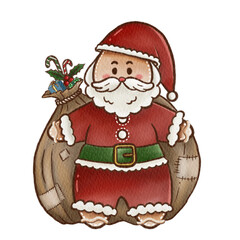 Watercolor Illustration of Gingerbread Santa Claus with a Christmas Gift Bag