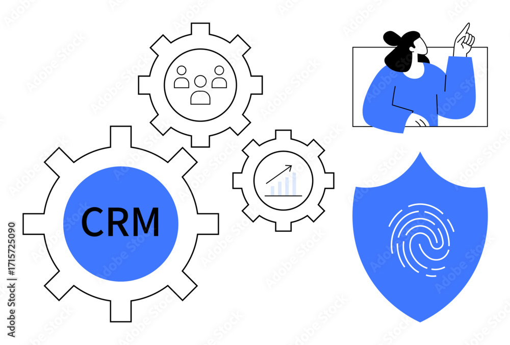 Poster gears labeled crm, users, and graphs with a shield bearing a fingerprint and a figure presenting dat