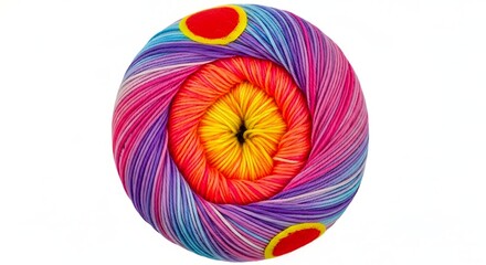 "Colorful Rainbow Yarn Ball for Knitting, Crochet, and DIY Crafts": red and yellow circle, Close-up of colorful yarn ball in purple, pink, orange, yellow, blue hues. 