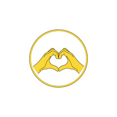Yellow hands forming a heart shape inside a yellow circle
