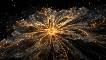 A radiant, golden fractal flower bursts forth from a dark void, its delicate, swirling tendrils radiating outward, speckled with glittering dust