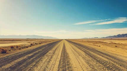 Obraz premium Desert road scenery Arid Serenity: Breathtaking Desert Road Scenery – A Long, Winding Asphalt Road Stretching Through Golden Sand Dunes and Scattered Desert Shrubs, Under a Clear Blue Sky