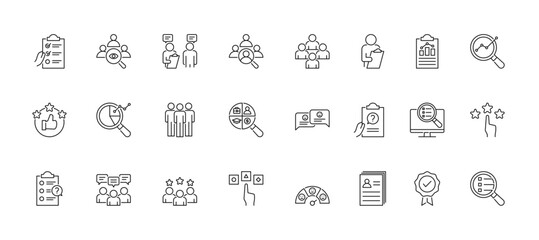 Survey icon set containing observation, interview, sampling, respondent, surveyor, result and demographics vector icons