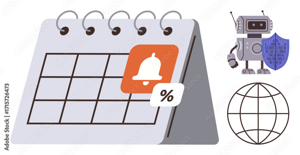 Poster calendar with notification, percentage icon, robot holding shield, and grid globe. ideal for technol