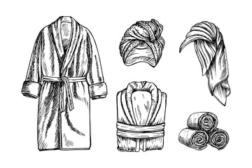 Hand-drawn illustration of a bathrobe, towel on head, rolled towels. Sketch drawing in engraving style, vector line art clipart, isolated