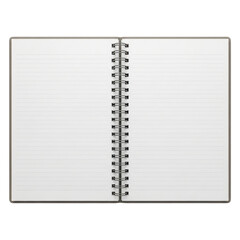 Open blank spiral bound notebook with clean white pages isolated on transparent background