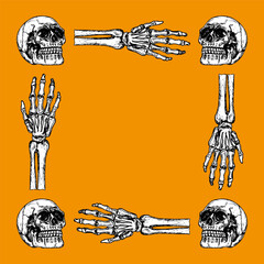 Halloween frame design for card, poster, invitation, banner. Drawings in engraving style. Skull, bones sketch, outline illustrations. Hand-drawn vector line art